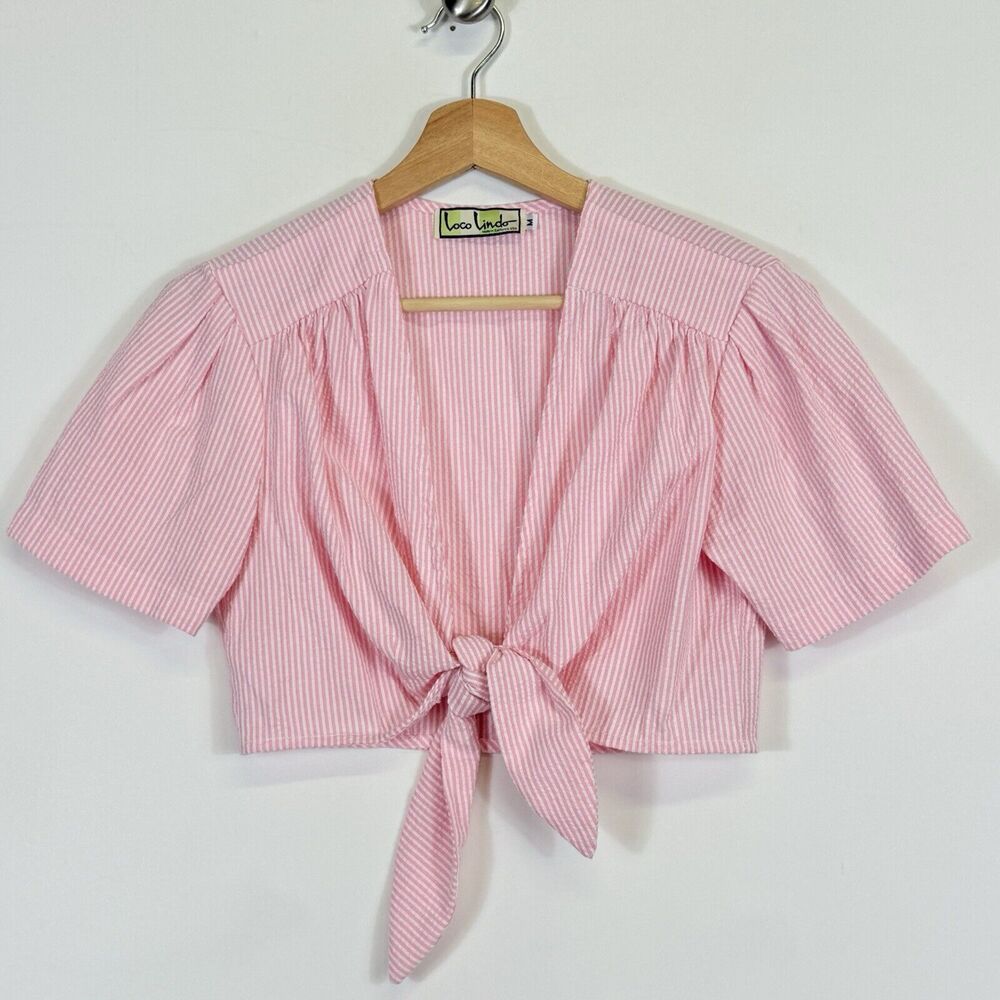 Loco Lindo Tie Front Top Women Medium Pink Seersucker Stripe Rockabilly Retro